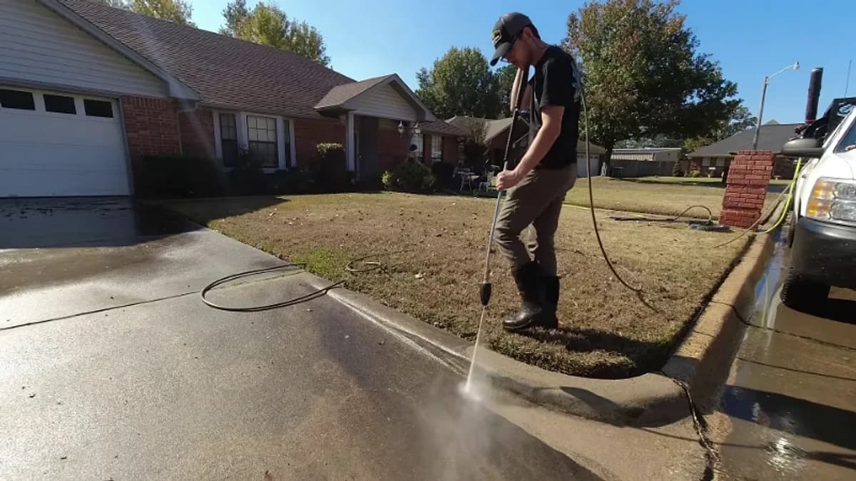 Technician pressure washing the edge of a concrete driveway in Jacksonville, Florida