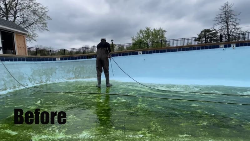 Drained swimming pool with heavy green algae across its floor before cleaning