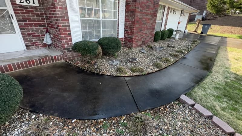 Curved concrete path to a brick house covered in dark organic staining before cleaning