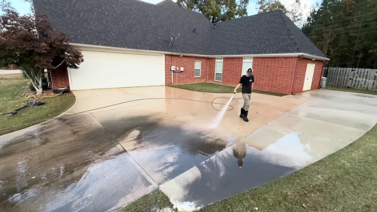 Technician pressure washing a large concrete driveway at a brick home in Jacksonville, Florida