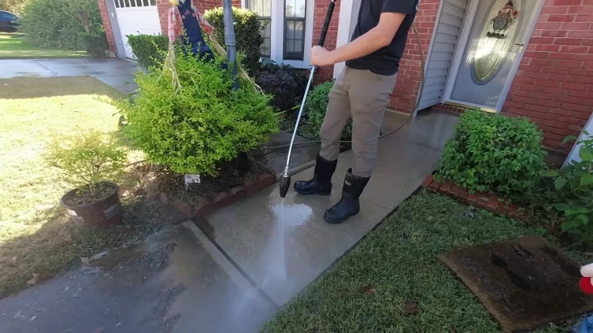 Technician pressure washing a concrete walkway beside a brick home in Jacksonville, Florida